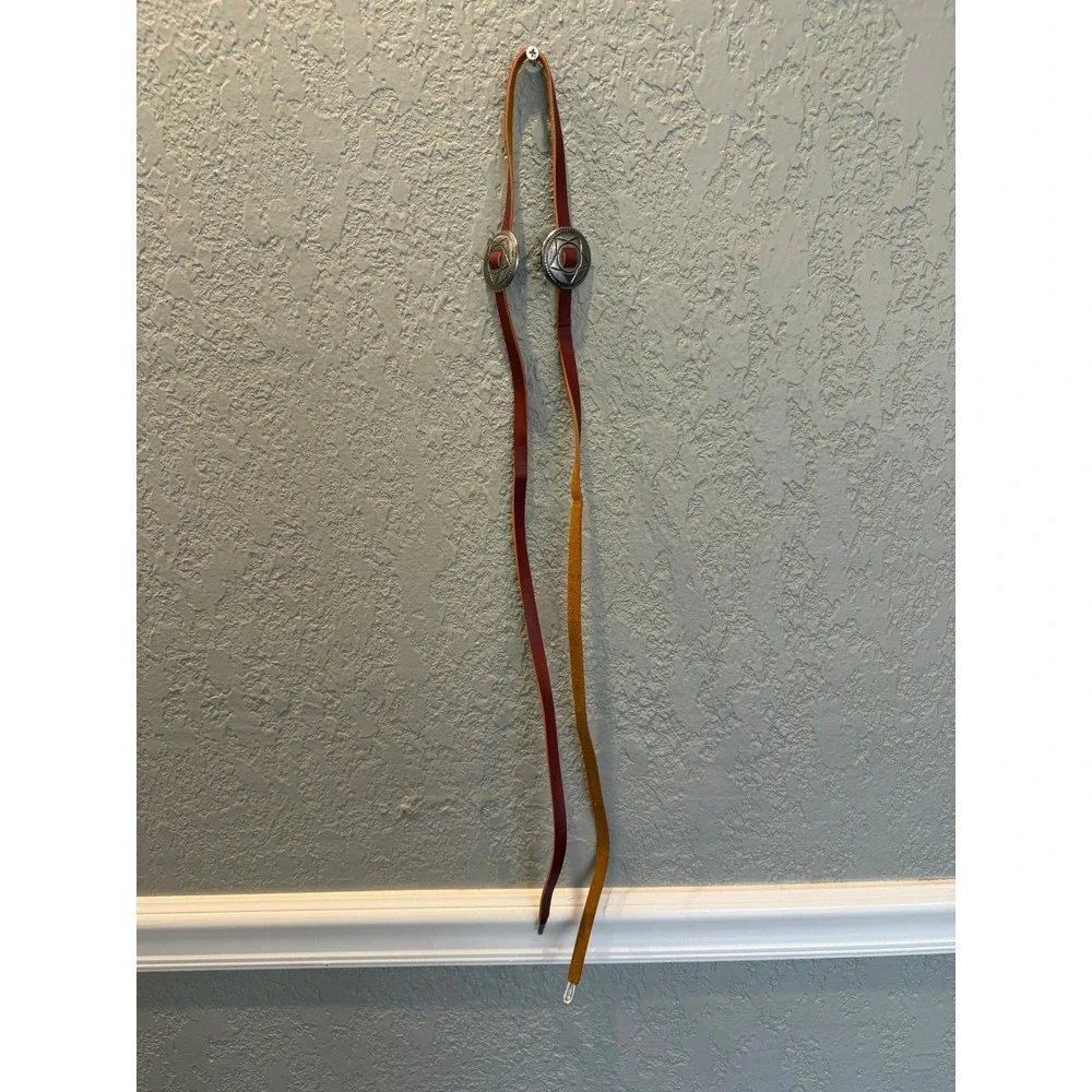 Vintage Southwestern Red Leather Tie Belt Silver‎ Tone Stamped Concho Star 54